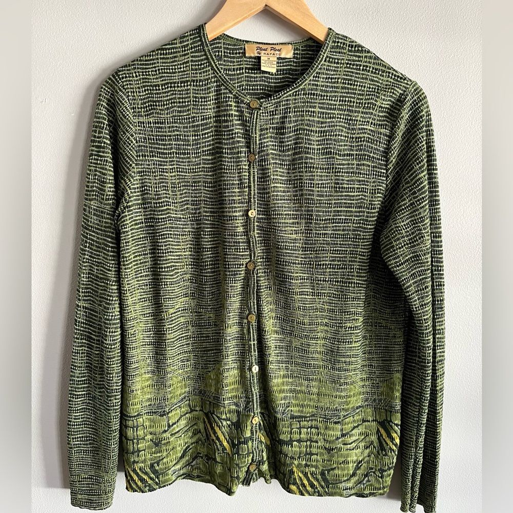 Vintage Green Textured Button Cardigan Artsy Boho Lightweight Layer Top M